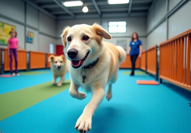 広々とした屋内のプレイスペースで遊ぶ犬たち